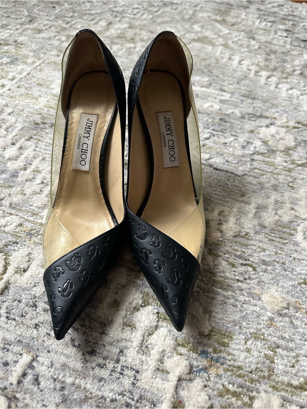 Jimmy Choo Black and Clear Embossed Pointed Toe Pumps
